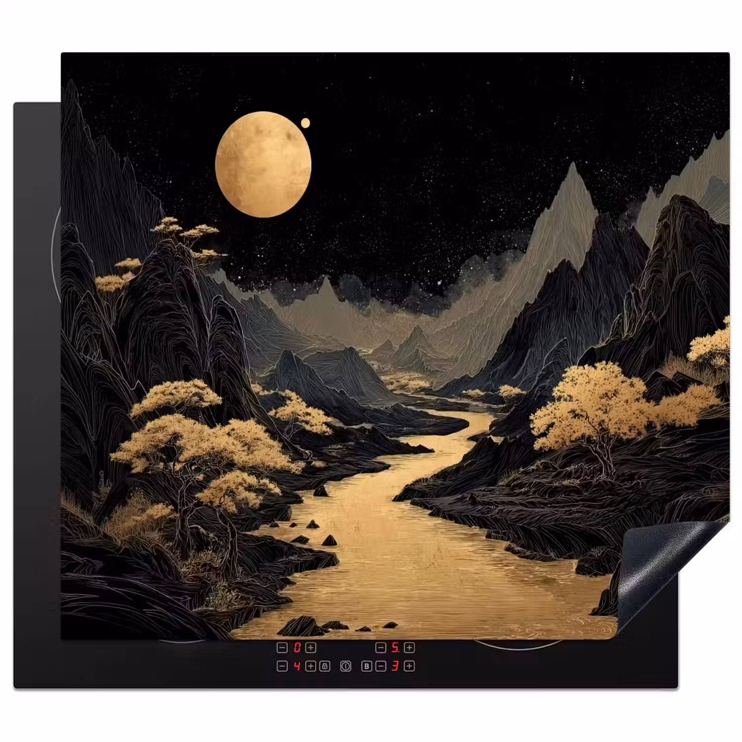 Gouden rivier - Bergen - Maan - Sterrenhemel Inductie beschermer vinyl 3mm middel -3d