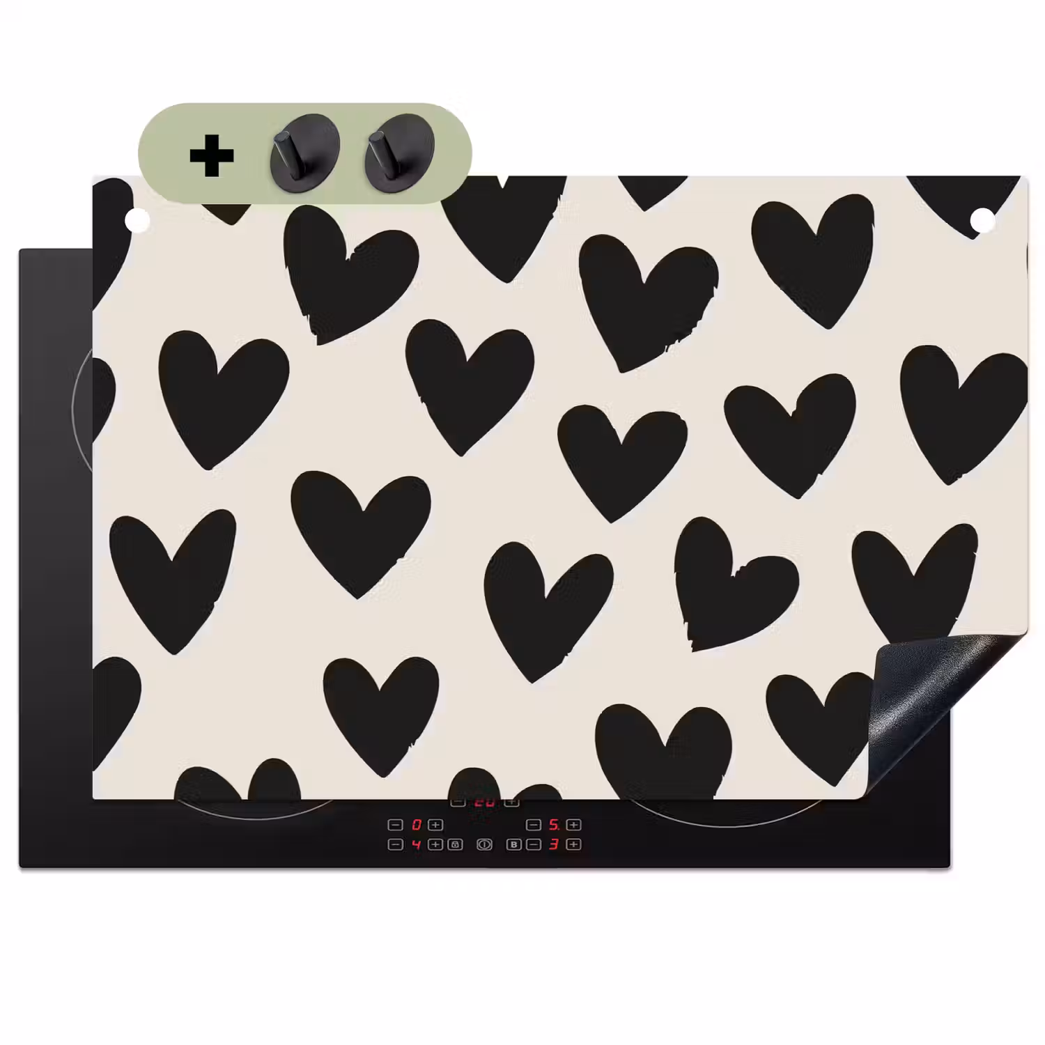 Hartjes - Zwart - Beige Inductie beschemer met haakjes klein -3d