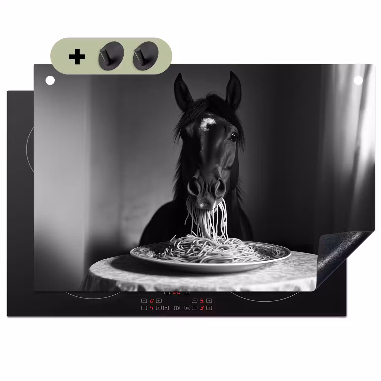 Paard - Bord - Pasta - Tafelkleed - Zwart Wit - Dieren Inductie beschemer met haakjes klein -3d