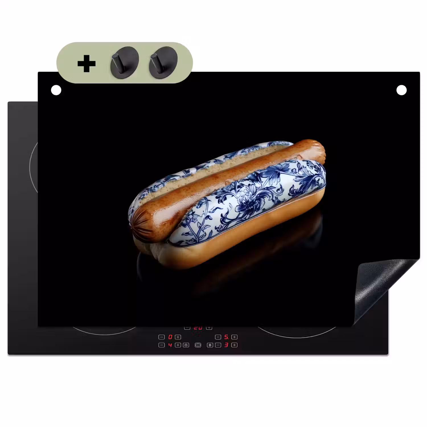 Hotdog - Porselein - Delfts blauw - Eten Inductie beschemer met haakjes klein -3d