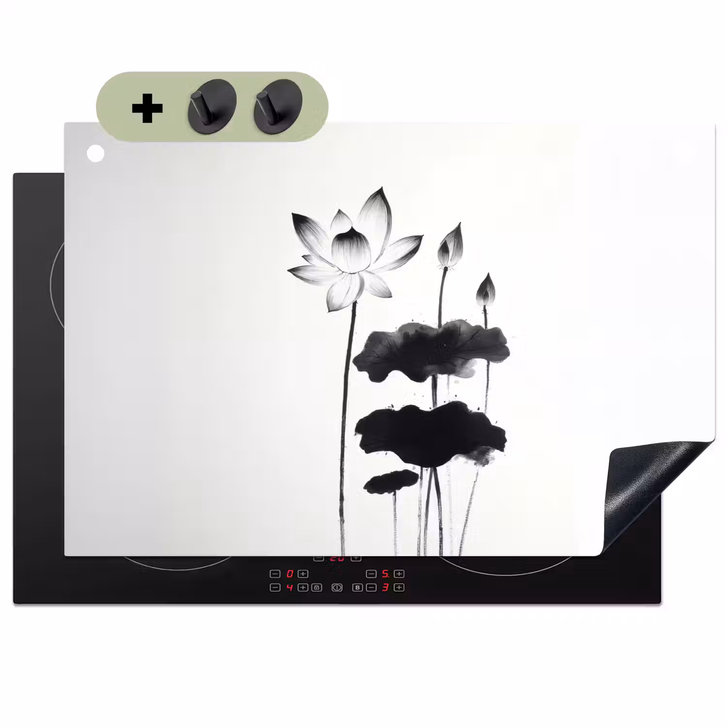 Bladeren - Zwart - Lotusbloem - Minimalitisch Inductie beschemer met haakjes klein -3d