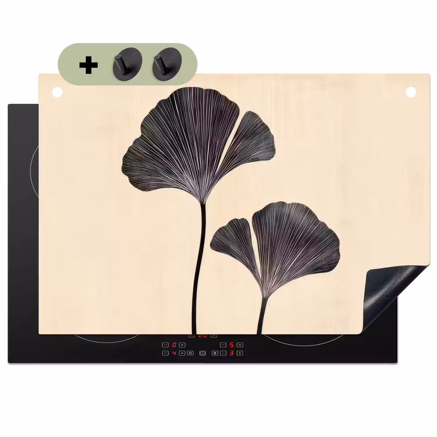 Bladeren - Minimalistisch - Zwart Inductie beschemer met haakjes klein -3d