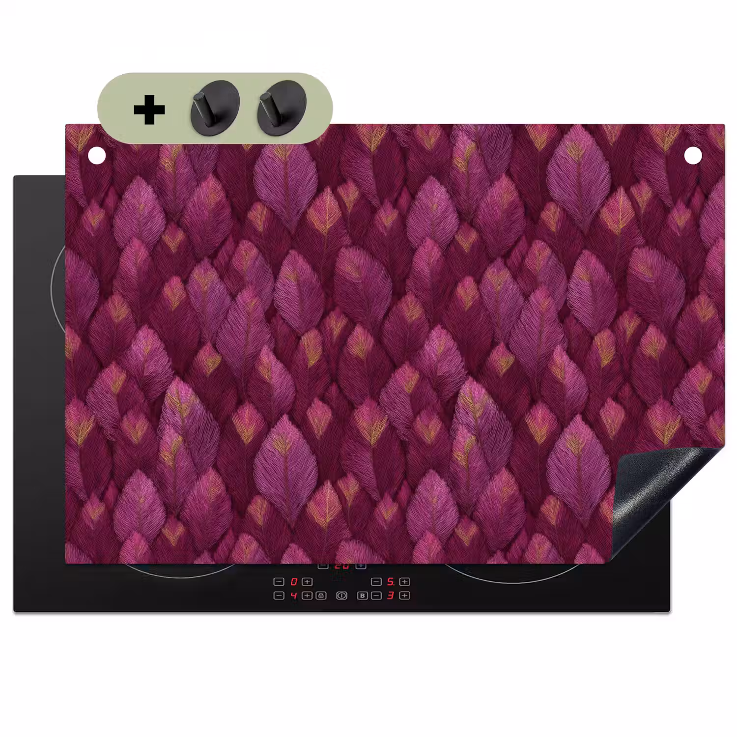 Bladeren - Patroon - Burgundy Inductie beschemer met haakjes klein 777 -3d