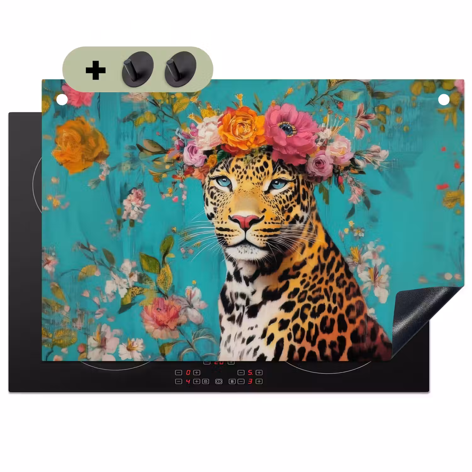 Luipaard - Bloemen - Kroon Inductie beschemer met haakjes klein -3d