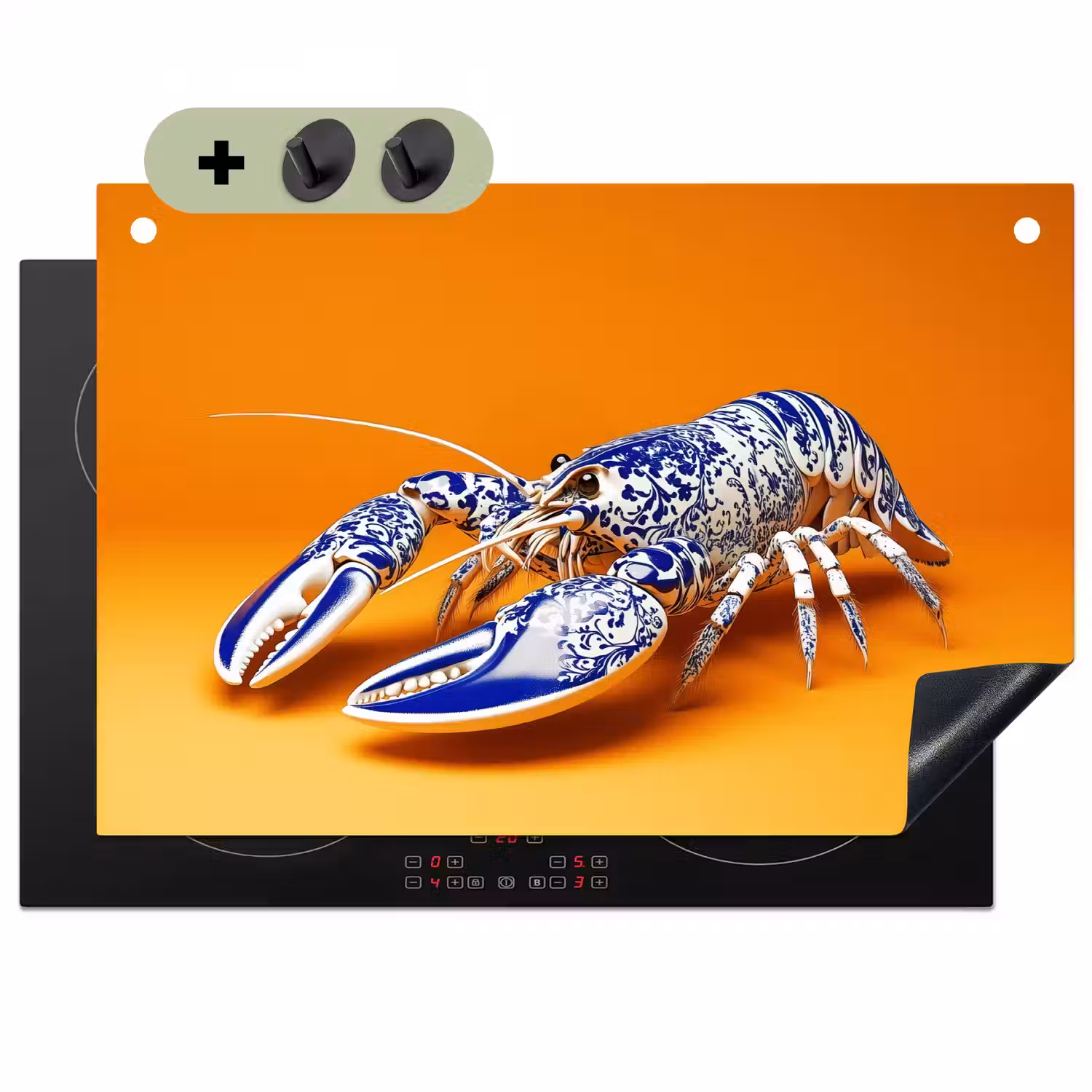 Kreeft - Delftsblauw - Schild - Stoer - Oranje Inductie beschemer met haakjes klein -3d