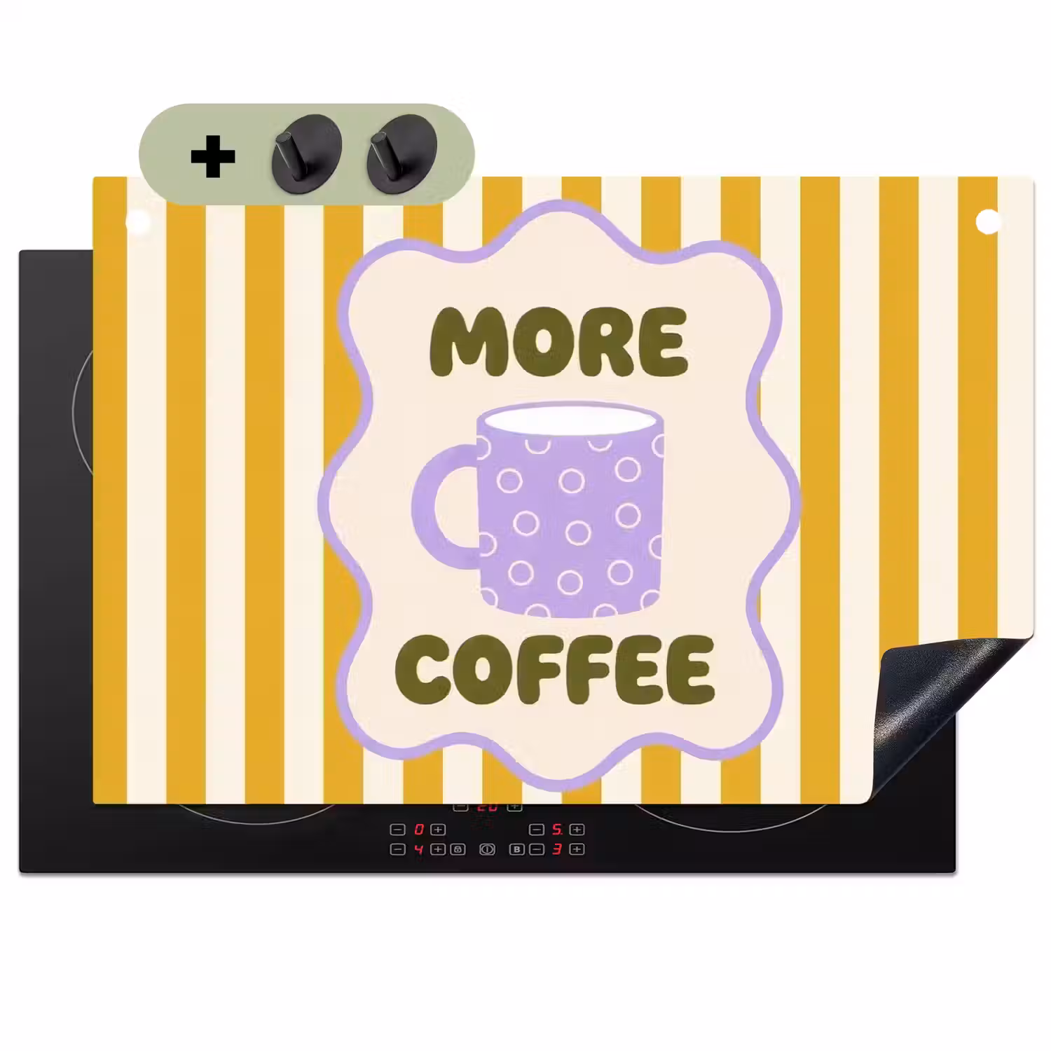 More coffee - Geel - Paars - Strepen - Mok Inductie beschemer met haakjes klein -3d