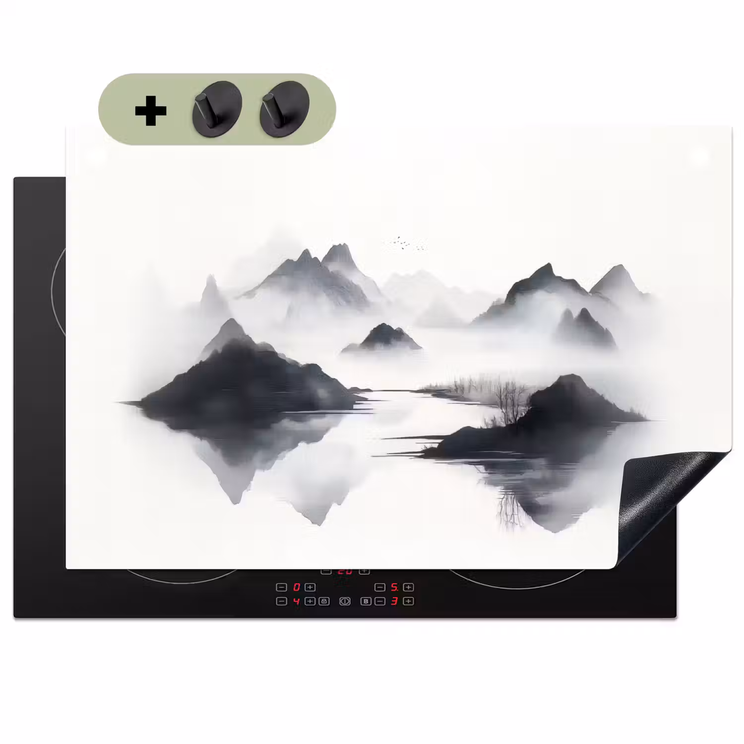 Bergen - Mistig - Water - Wit Inductie beschemer met haakjes klein -3d