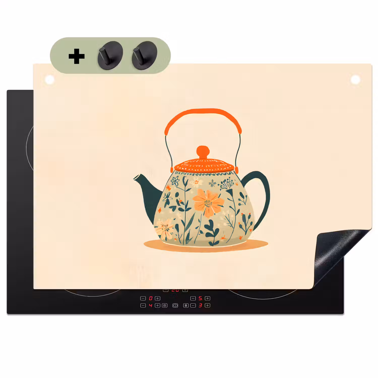Oranje - Theepot - Bloemen - Bladeren Inductie beschemer met haakjes klein -3d