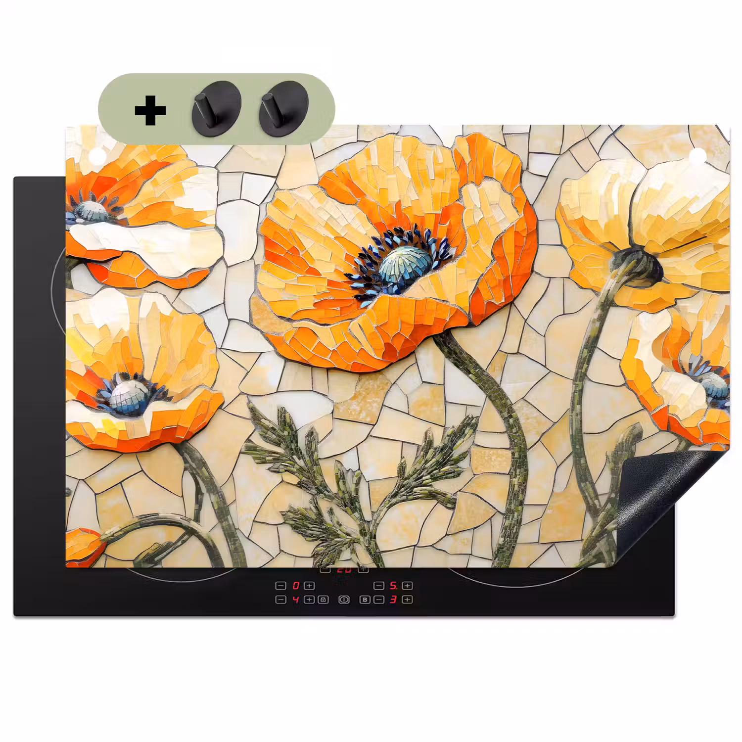 Klaprozen - Oranje - Mozaïek - Bladeren Inductie beschemer met haakjes klein -3d