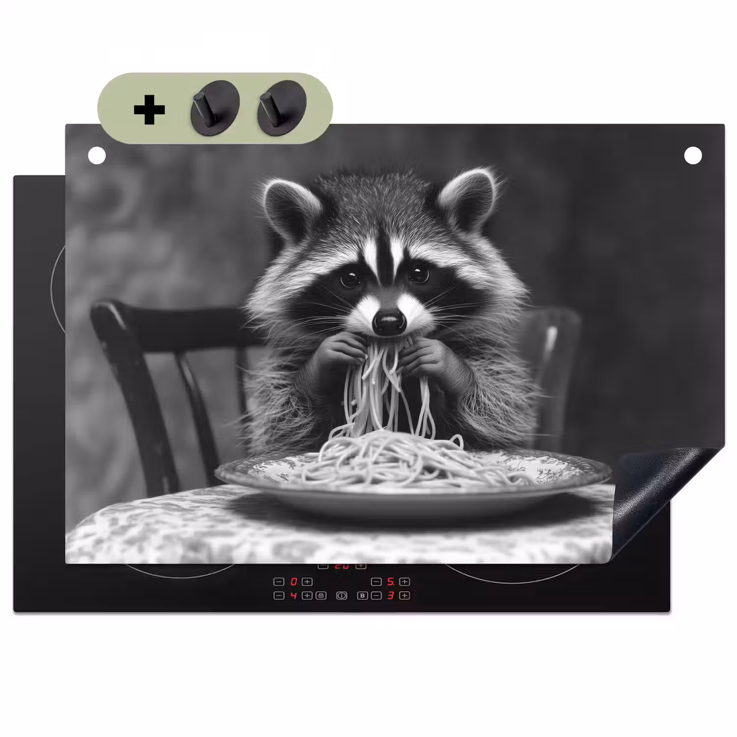 Wasbeer - Cute - Pasta - Tafelkleed - Zwart - Wit Inductie beschemer met haakjes klein -3d
