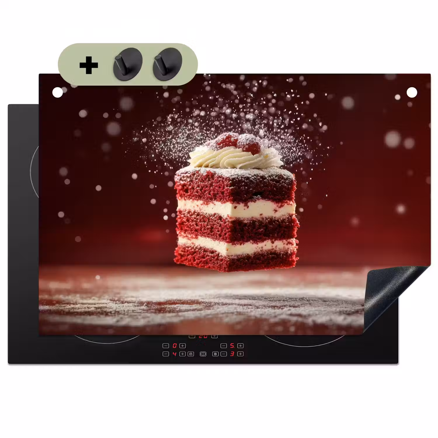 Rode - Velvet - Taart - Eten Inductie beschemer met haakjes klein -3d