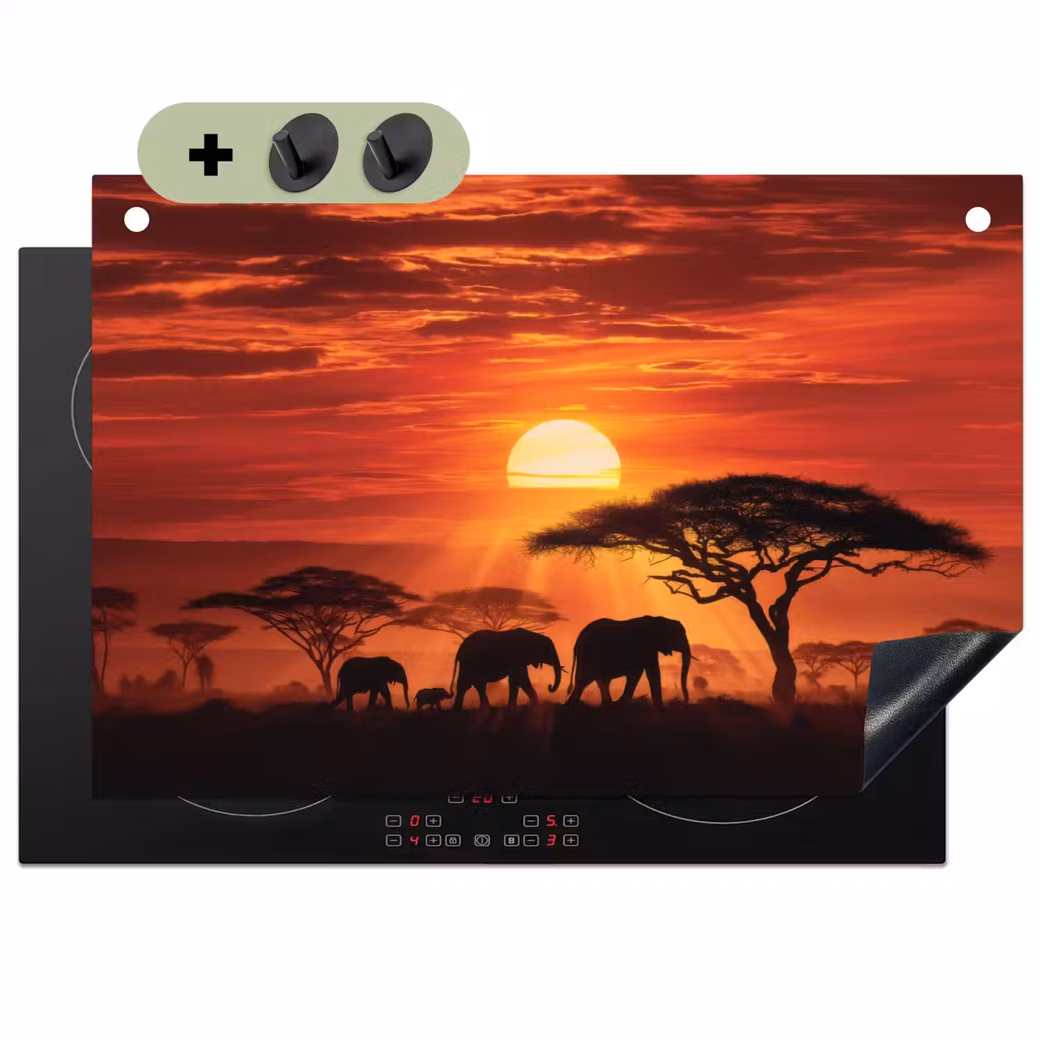 Savanne - Olifanten - Zonsondergang Inductie beschemer met haakjes klein -3d