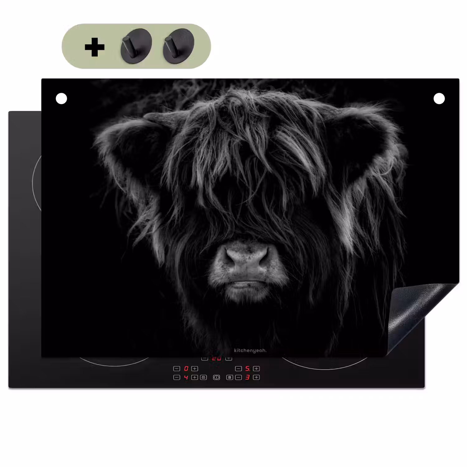 Schotse hooglander - Zwart Inductie beschemer met haakjes klein -3d