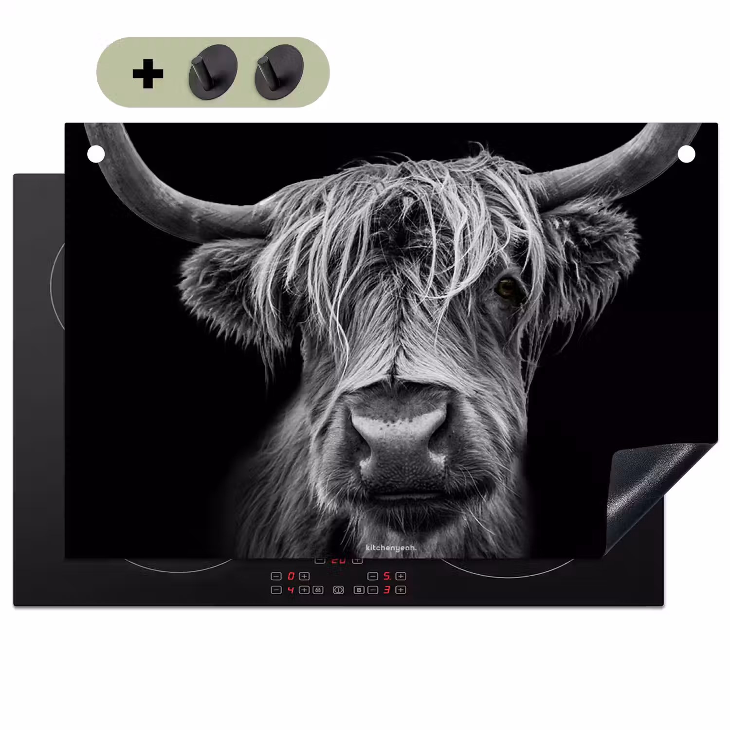 Schotse hooglander - Zwart - Wit Inductie beschemer met haakjes klein -3d