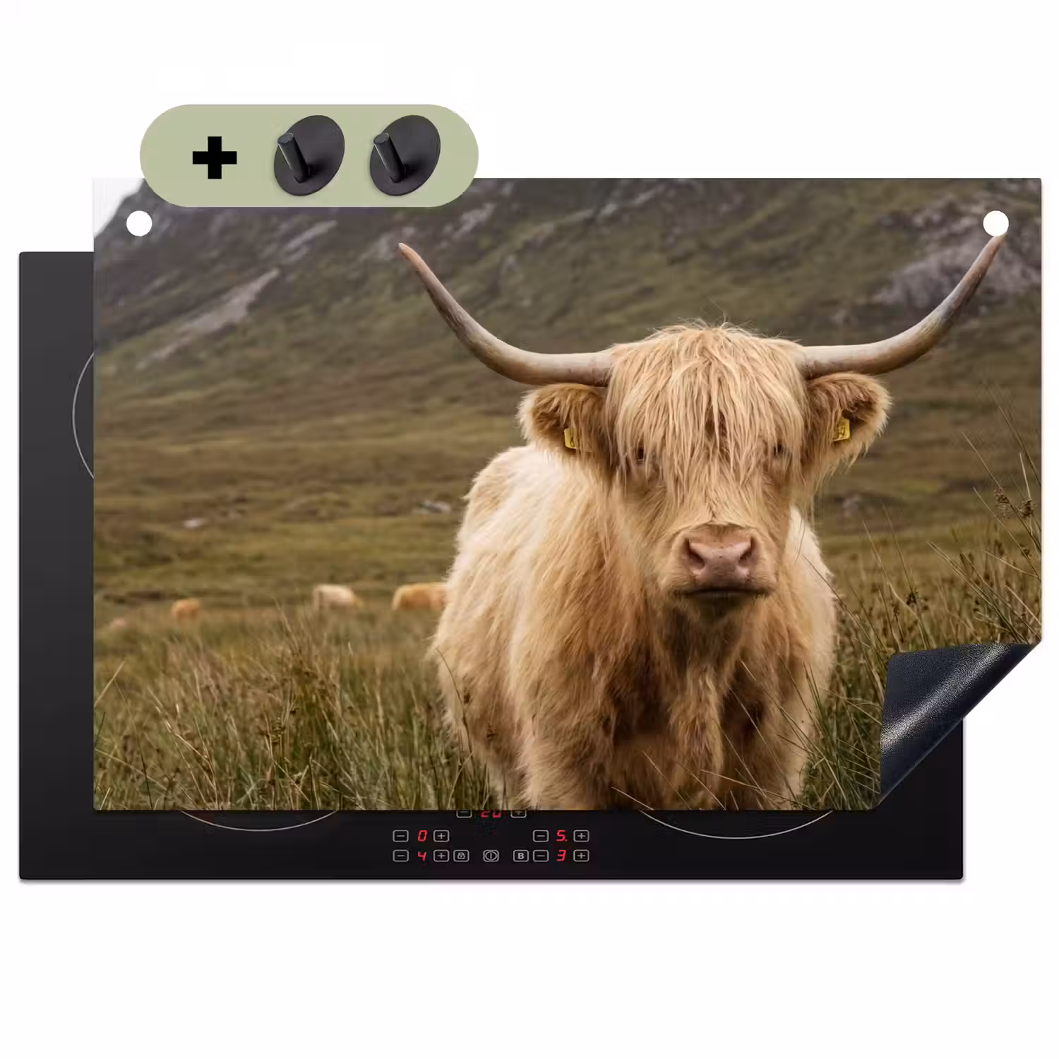 Schotse hooglander - Bergen - Grasveld Inductie beschemer met haakjes klein -3d