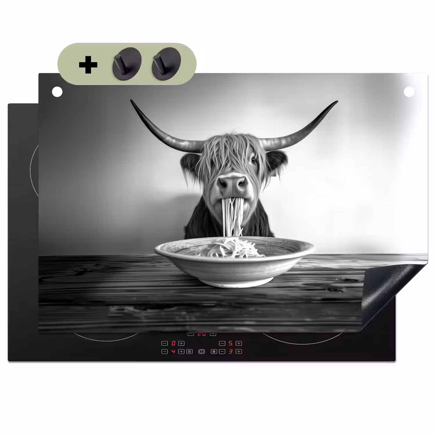 Schotse Hooglander - Spaghetti - Dieren - Zwart wit Inductie beschemer met haakjes klein -3d