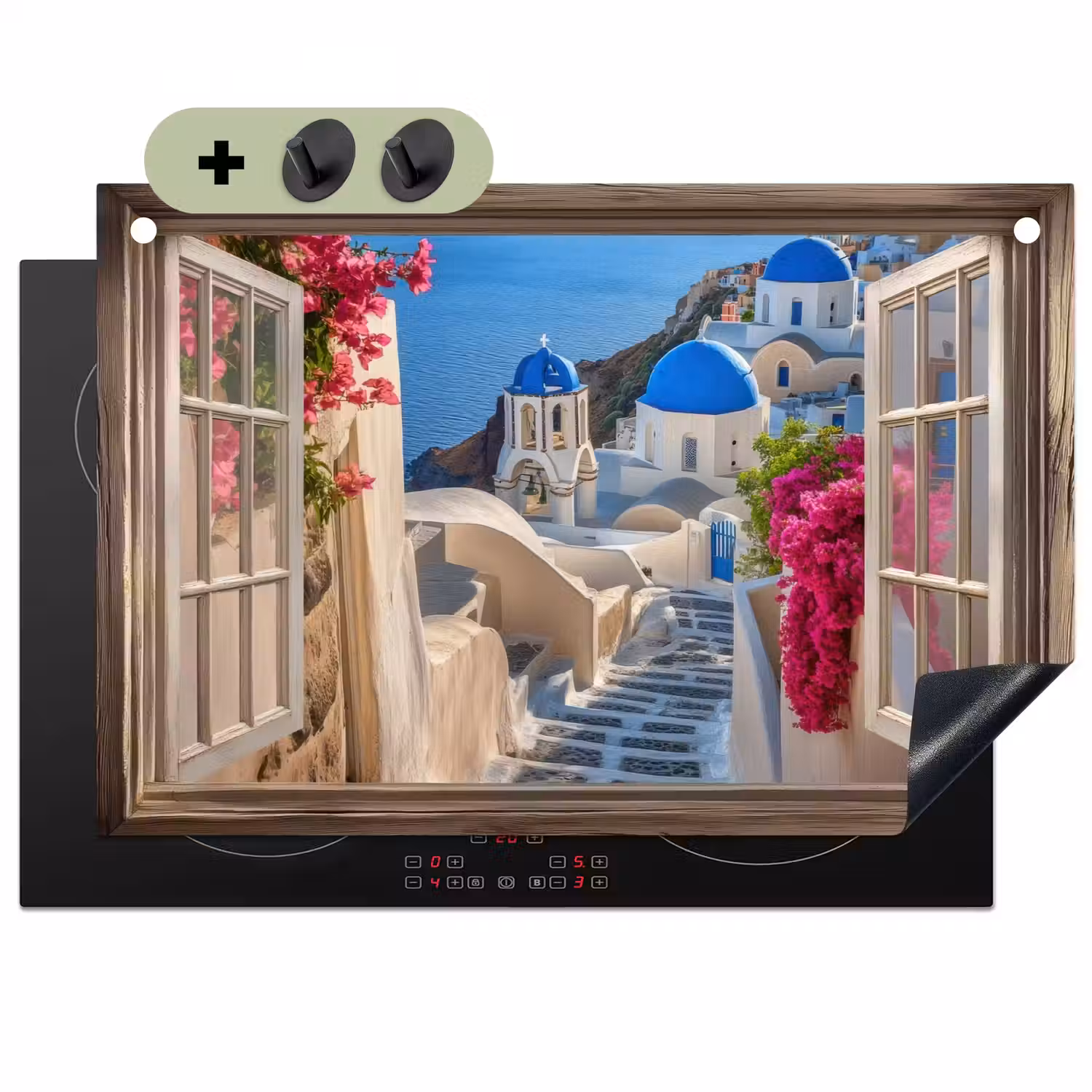 Doorkijk - Santorini - Landschap - Blauw - Grieks Inductie beschemer met haakjes klein -3d