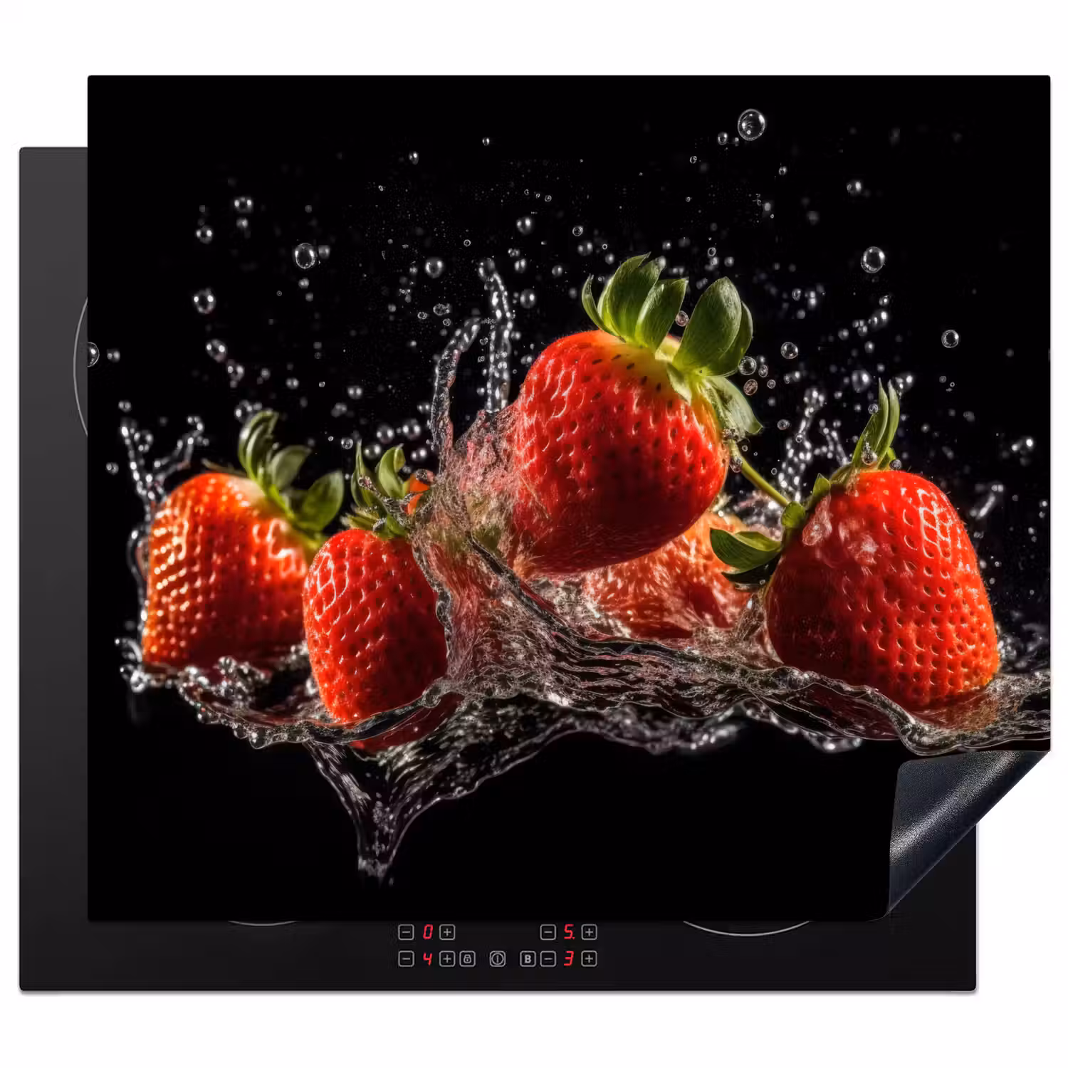 Aardbeien - Fruit - Rood - Water - Zwart Inductie beschermer vinyl 3mm middel -3d