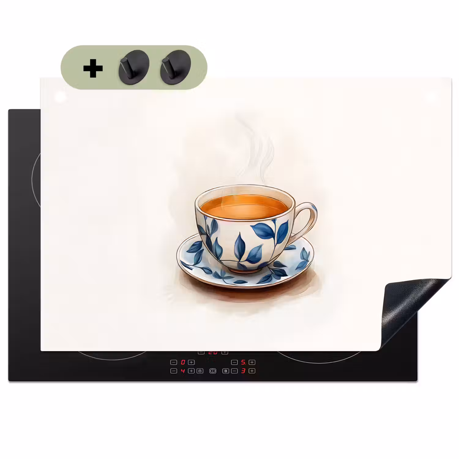 Theekop - Bladeren - Blauw Inductie beschemer met haakjes klein -3d