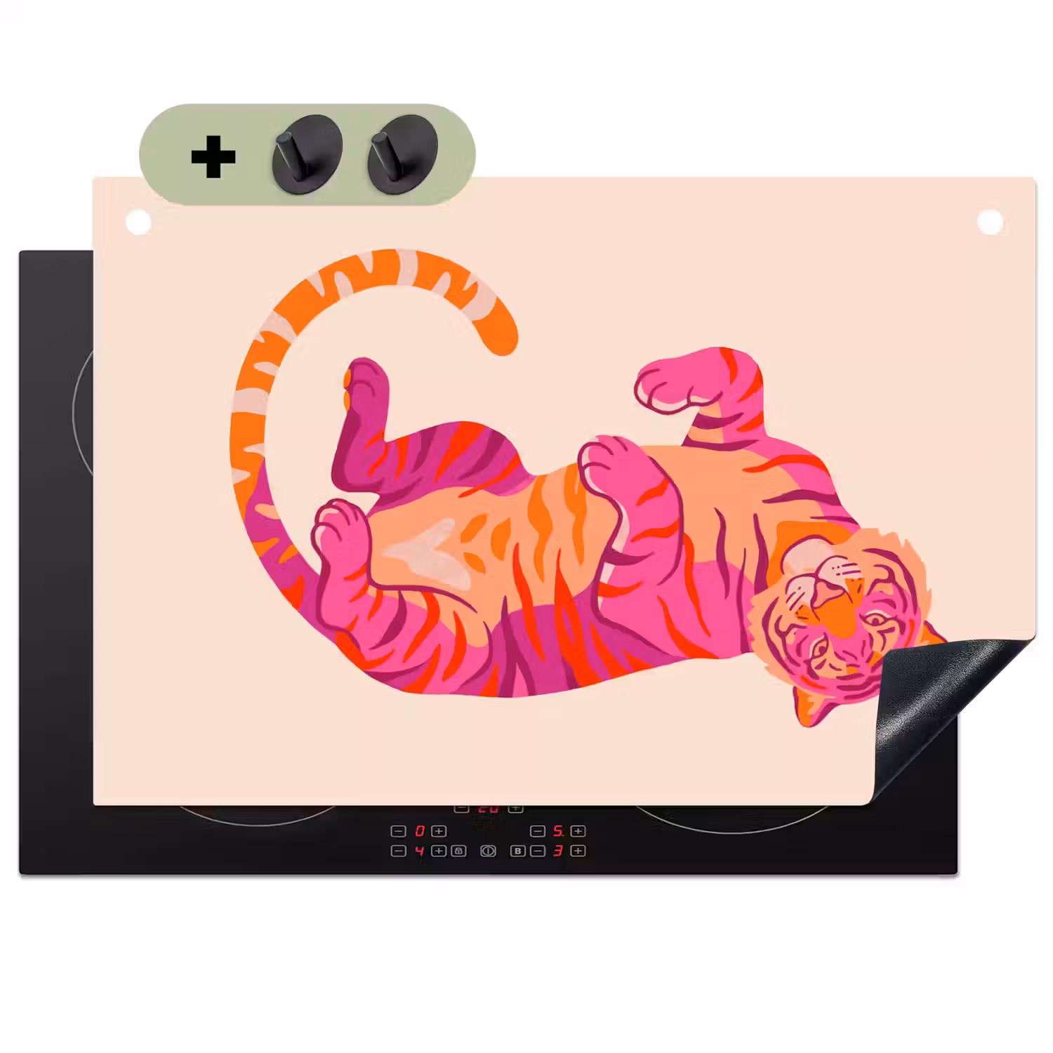 Tijger - Roze - Oranje Inductie beschemer met haakjes klein -3d