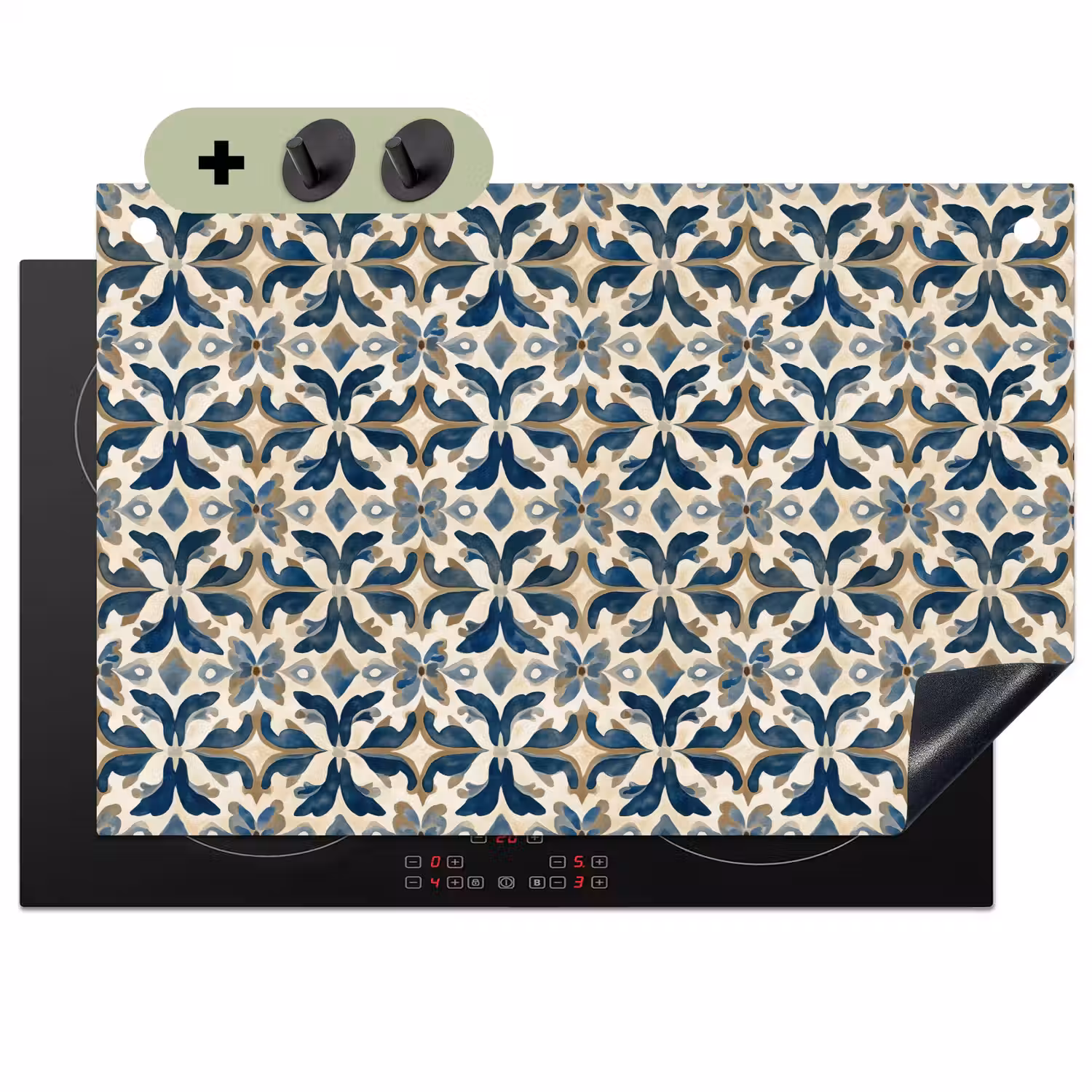 Tegel - Patroon - Blauw - Beige Inductie beschemer met haakjes klein 777 -3d