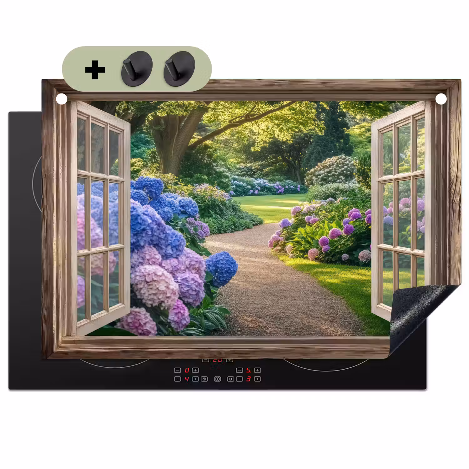 Doorkijk - Tuin - Raam - Hortensia - Bloemen Inductie beschemer met haakjes klein -3d