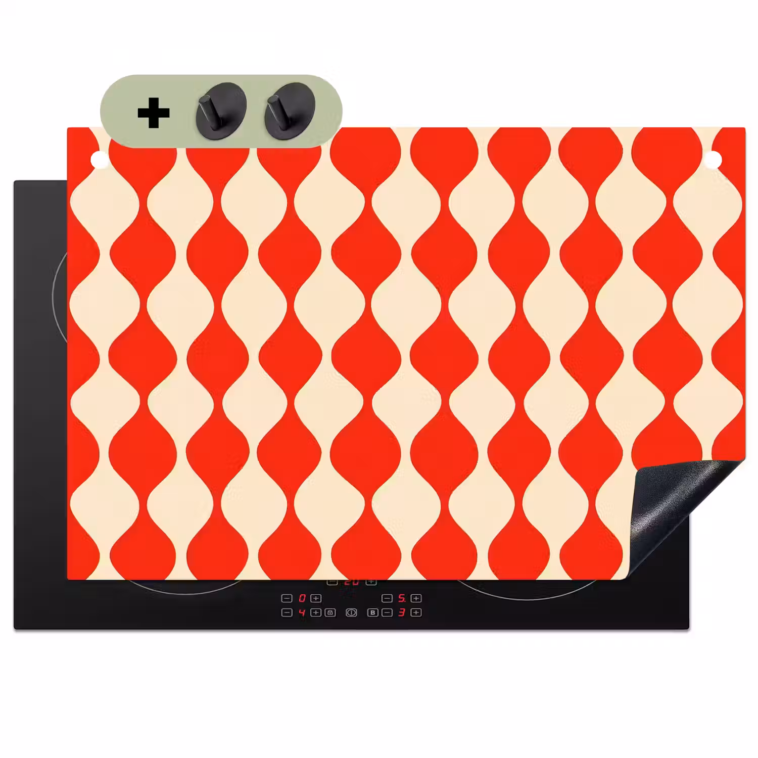Golvend patroon - Retro - Rood - Beige Inductie beschemer met haakjes klein 777 -3d