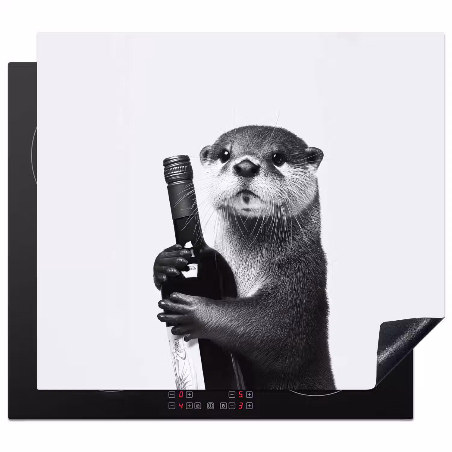 Wijnfles - Otter - Zwart Inductie beschermer vinyl 3mm middel -3d