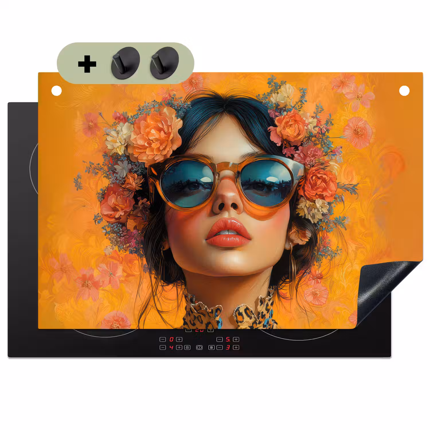 Vrouw - Bloemen - Aesthetic - Oranje Inductie beschemer met haakjes klein -3d