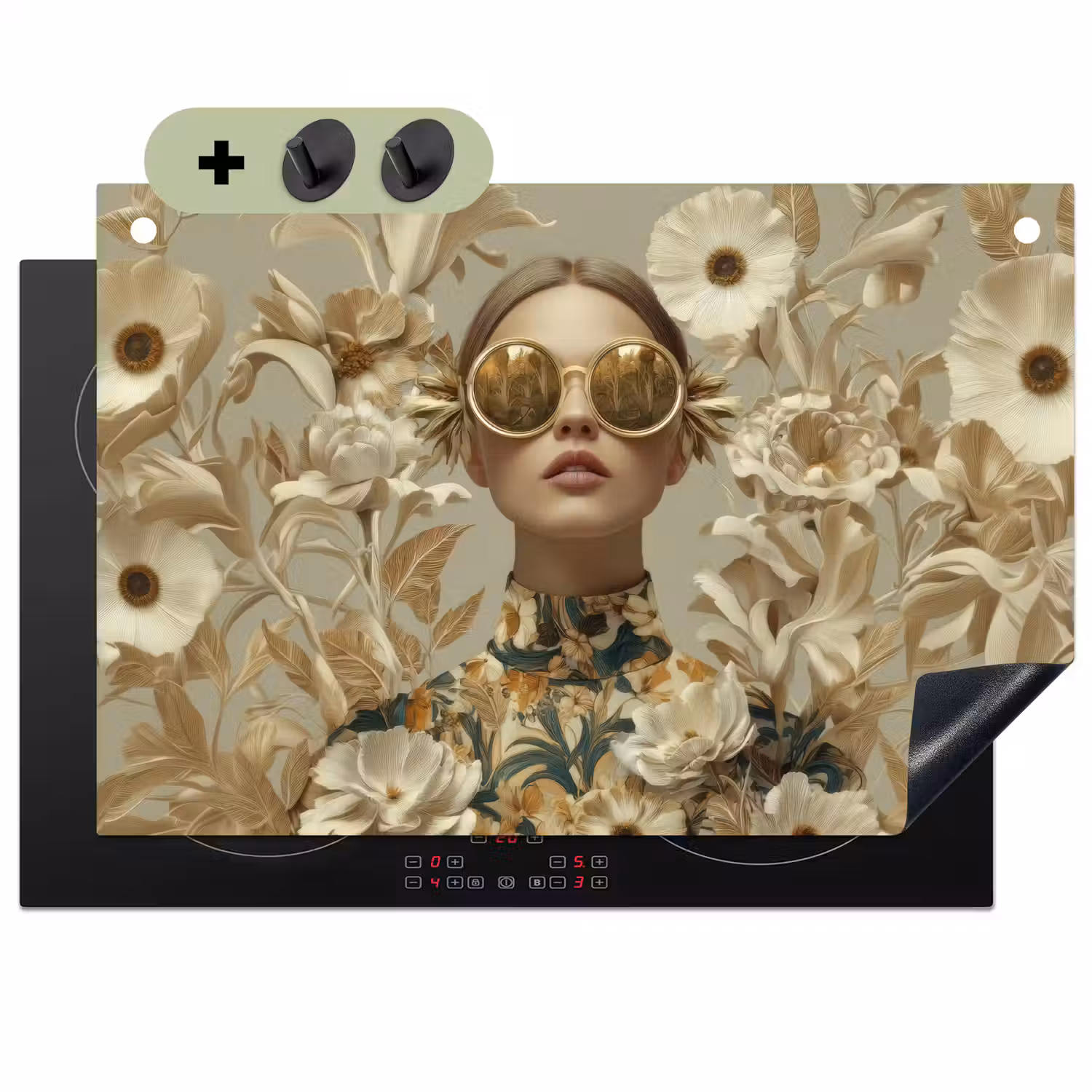 Vrouw - Bloemen - Zonnebril - Wit Inductie beschemer met haakjes klein -3d