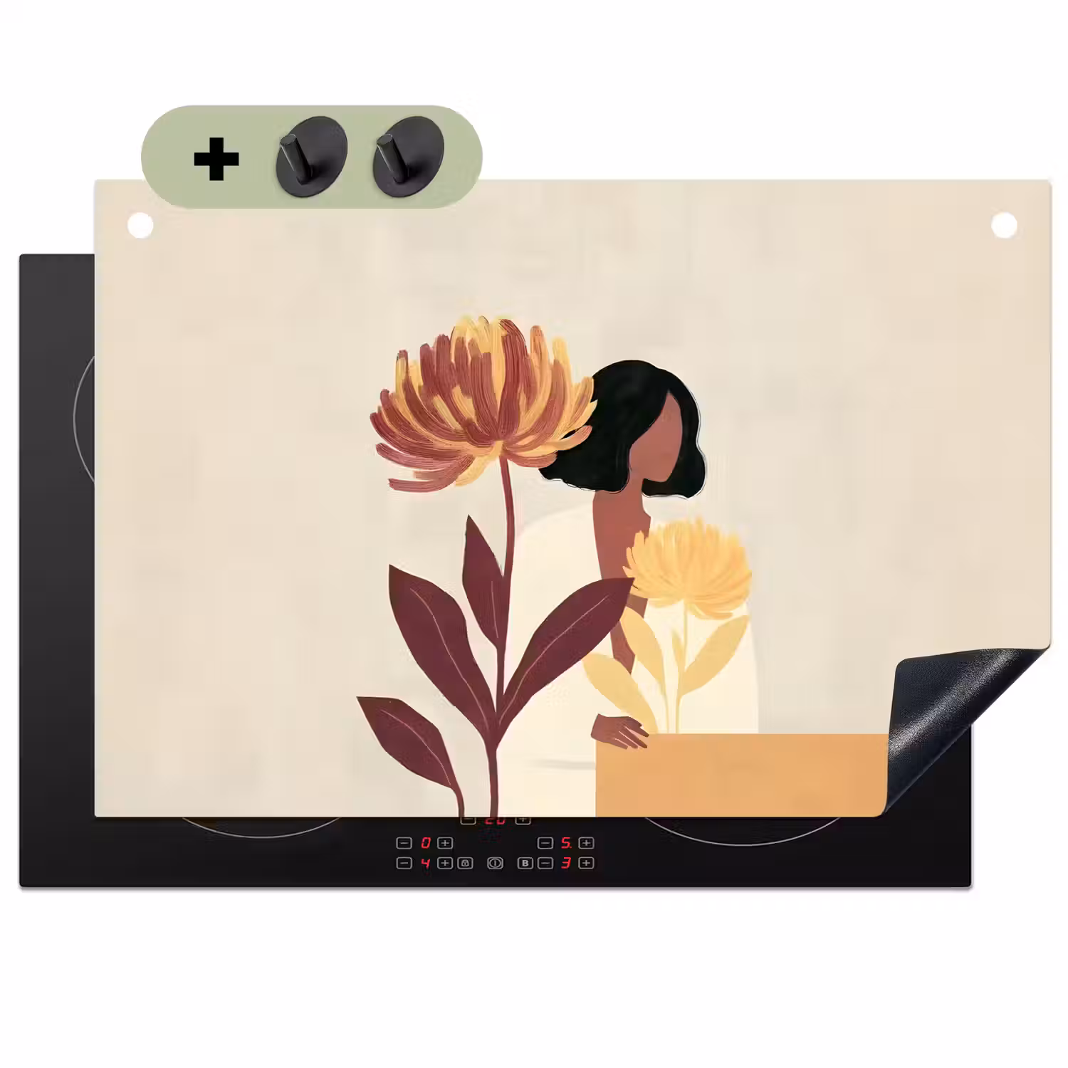 Vrouw - Minimalistisch - Bloem Inductie beschemer met haakjes klein -3d