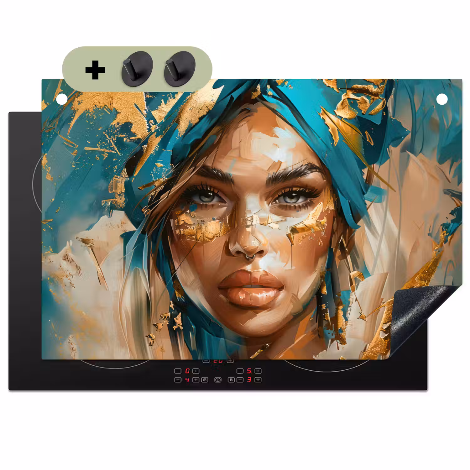 Vrouw - Portret - Goud - Luxe - Blauw Inductie beschemer met haakjes klein -3d