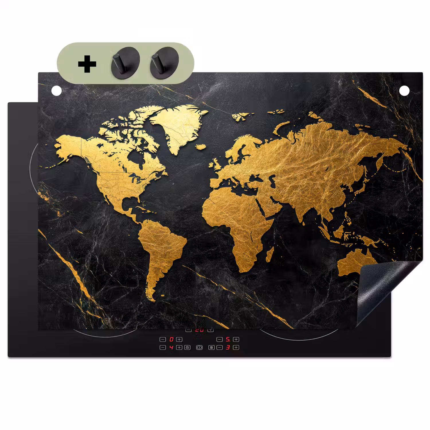 Wereldkaart - Goud - Marmer Inductie beschemer met haakjes klein -3d