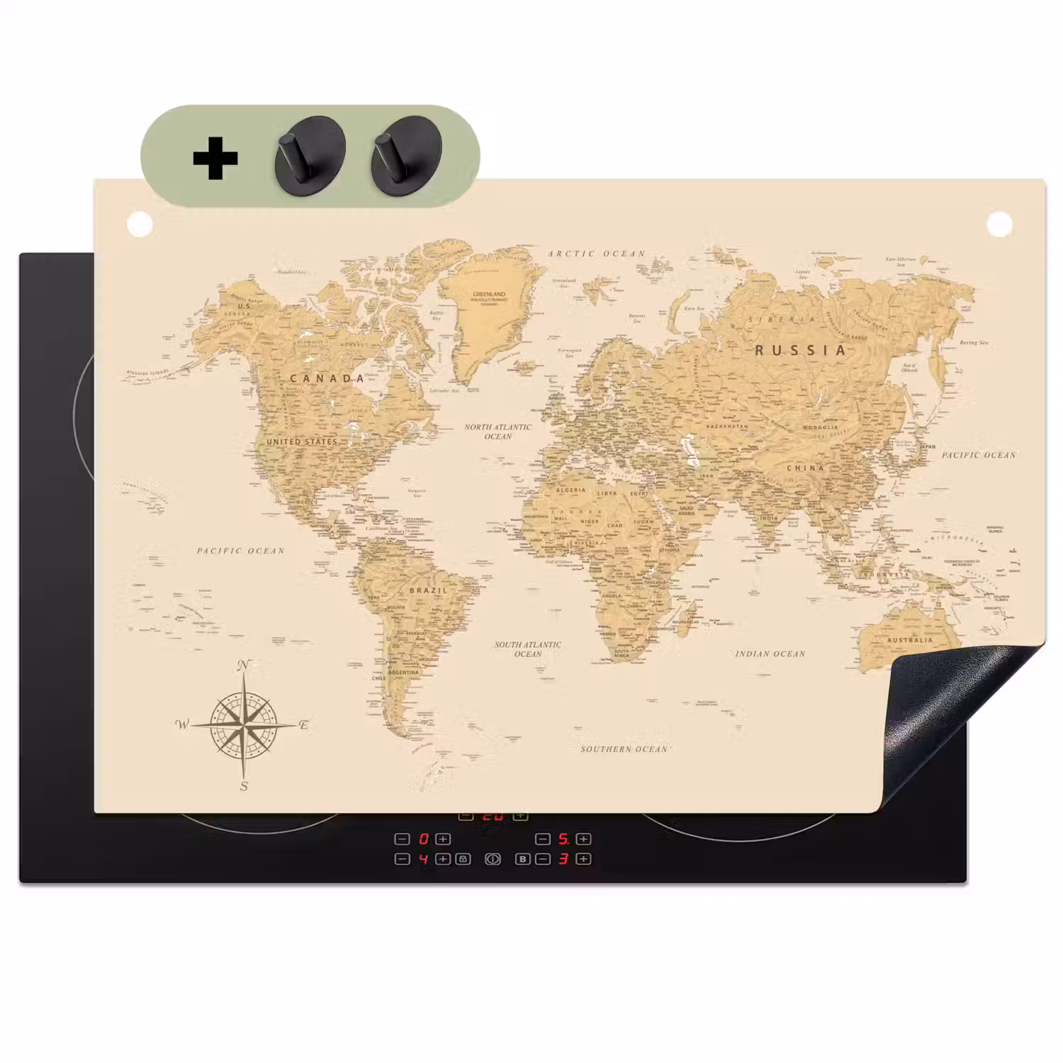 Wereldkaart - Realistisch - Beige Inductie beschemer met haakjes klein -3d