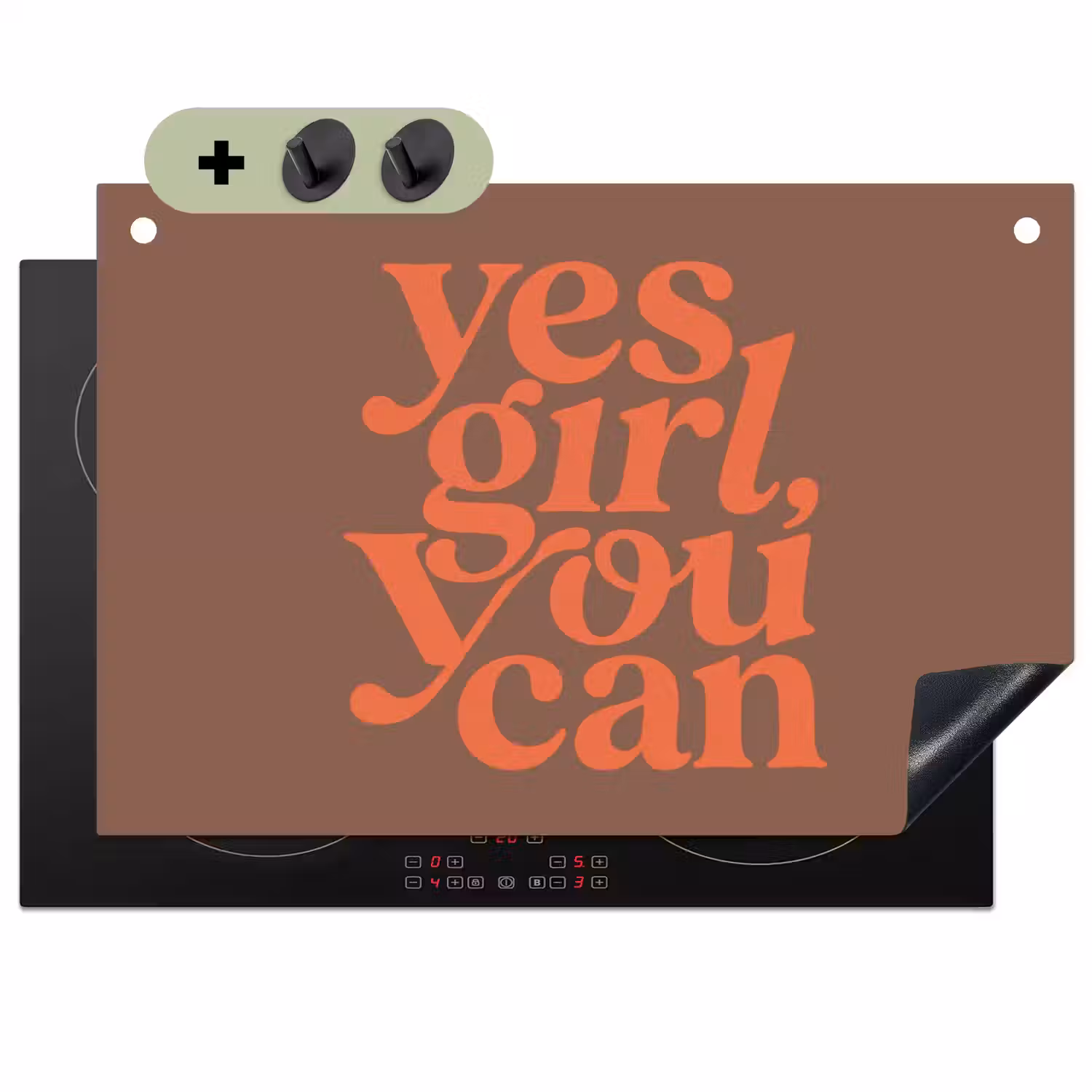 Yes girl you can - Oranje - Bruin Inductie beschemer met haakjes klein -3d