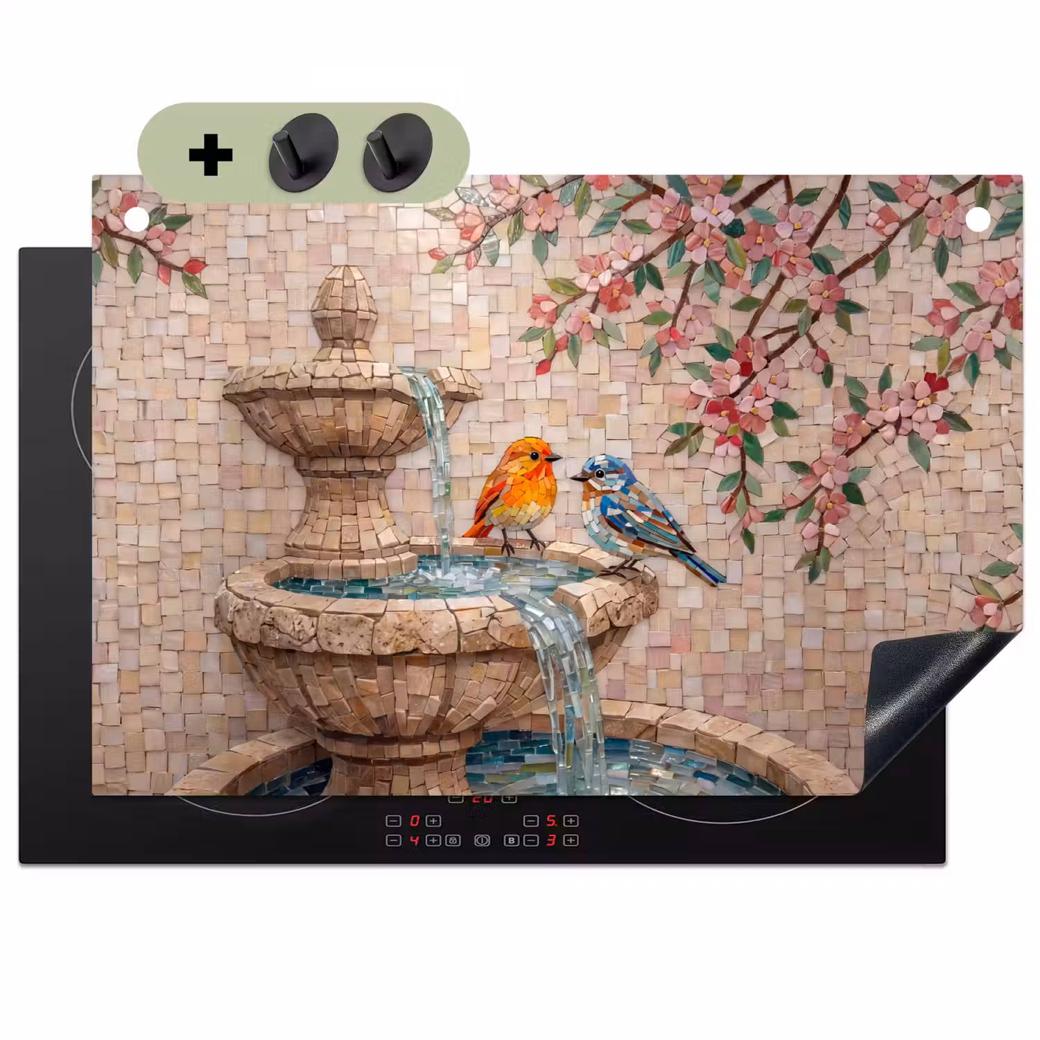 Vogel - fontein - mozaiek - kleurrijk - dieren Inductie beschemer met haakjes klein -3d