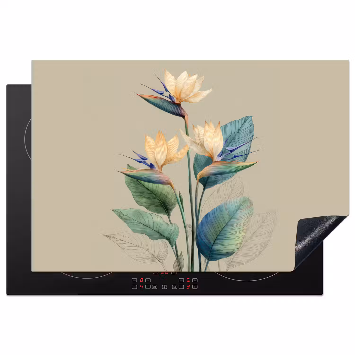 Paradijsvogelbloemen - Blauwgroene bladeren - Beige Inductie beschermer vinyl 3mm klein -3d