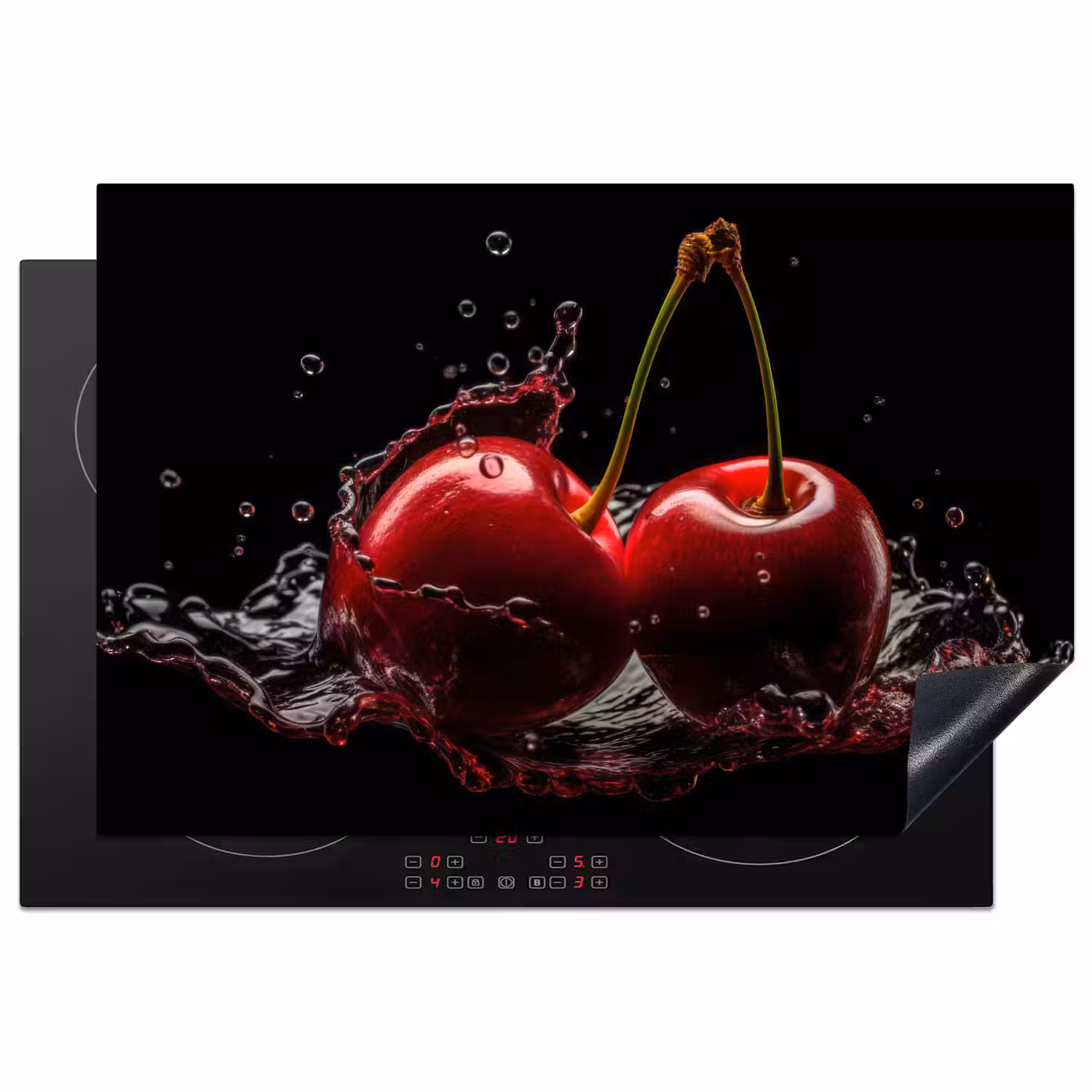 Kersen - Rood - Fruit - Water - Zwart Inductie beschermer vinyl 3mm klein -3d