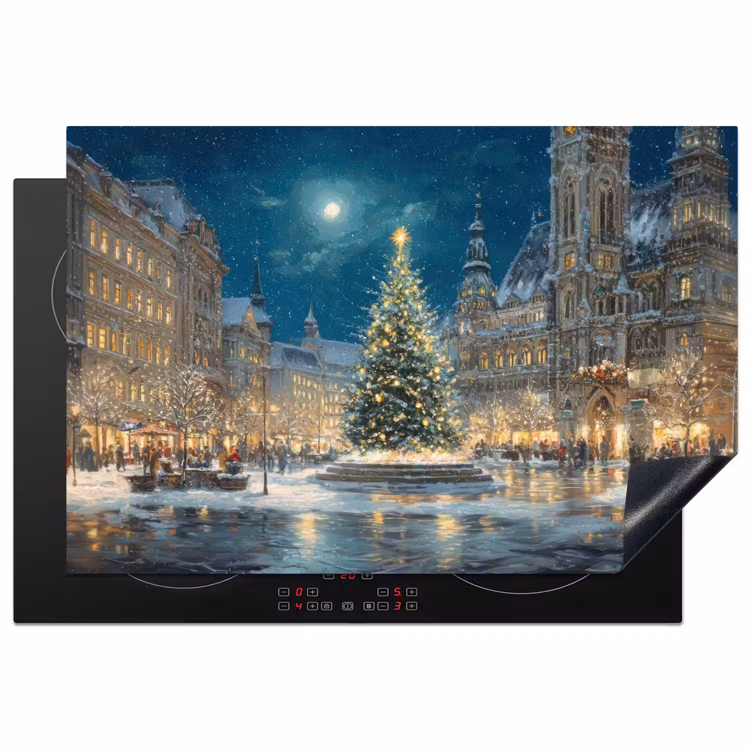 Kerstnacht - Stadsplein - Meerkleurig Inductie beschermer vinyl 3mm klein -3d