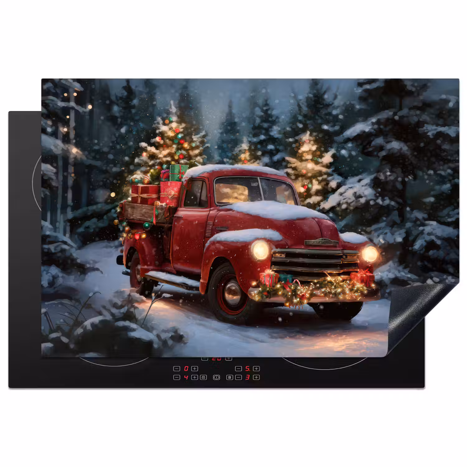 Kersttruck - Sneeuwbos - Rood Inductie beschermer vinyl 3mm klein -3d