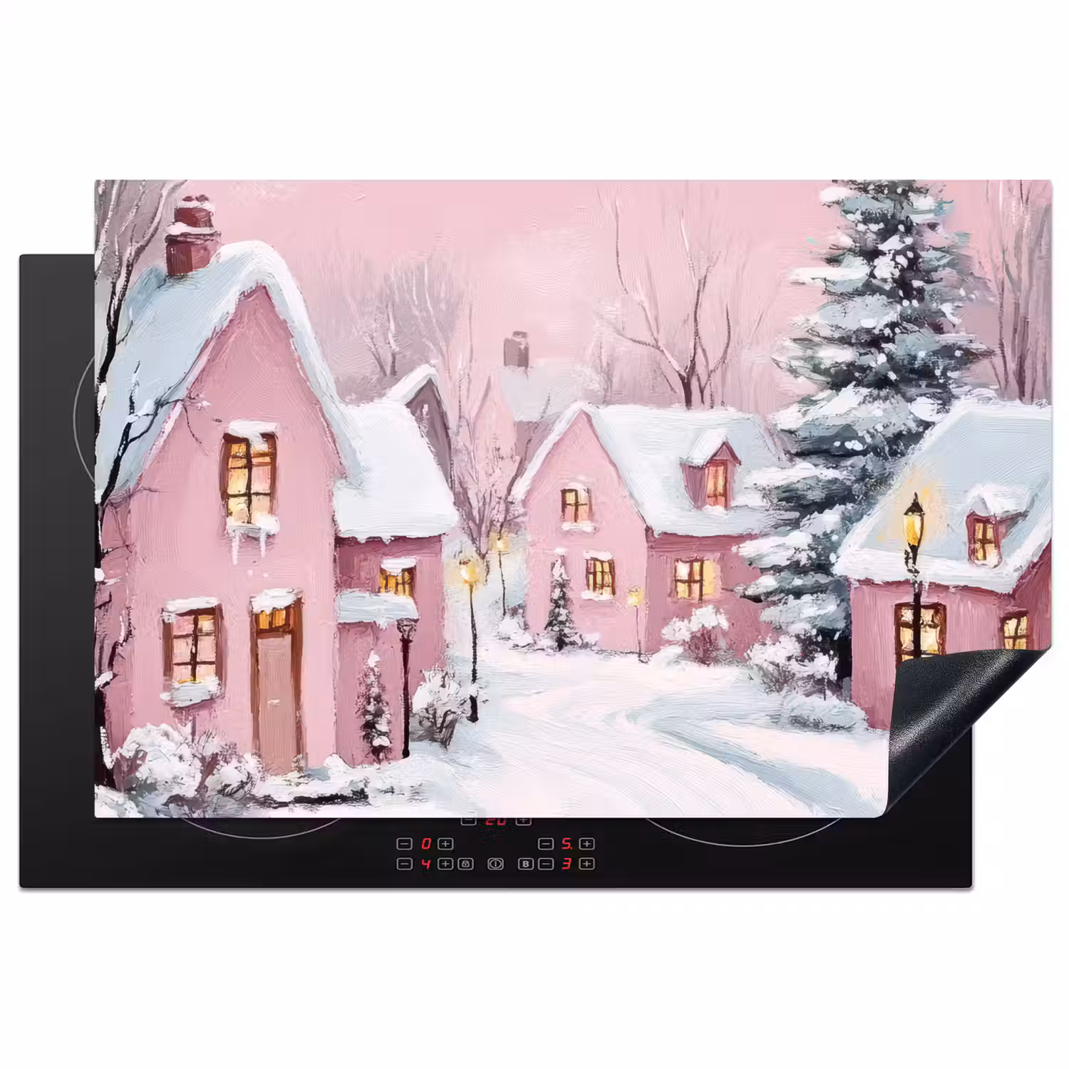 Kerstdorp - Roze - Winter - Sneeuw - Huizen Inductie beschermer vinyl 3mm klein -3d