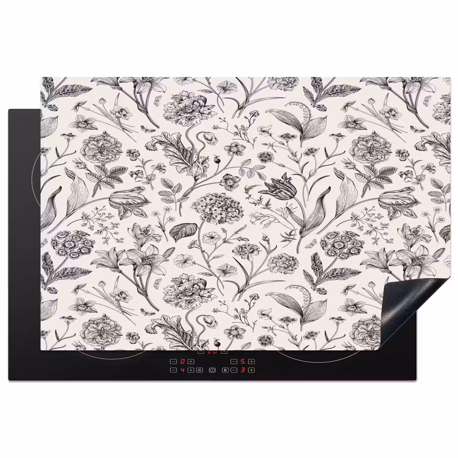 Classic - Black - White - Floral Inductie beschermer vinyl 3mm klein 276 -3d