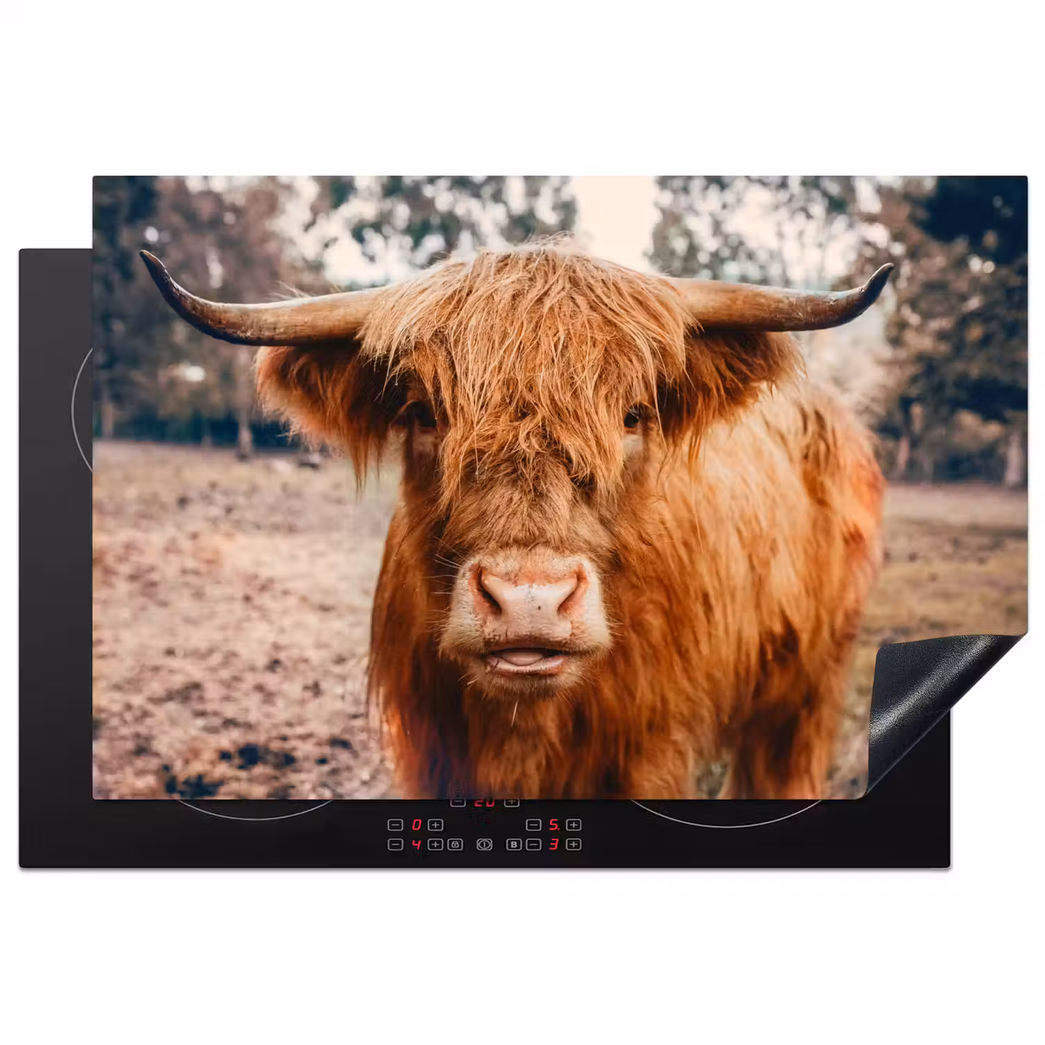 Koe- Schotse hooglander - Hoorns - Bruin - Landschap Inductie beschermer vinyl 3mm klein -3d