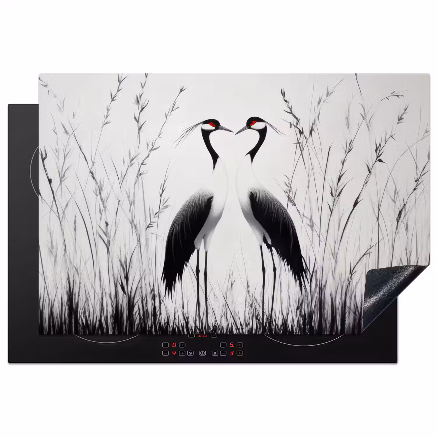 Kraanvogels - Gras - Hartvorm - Zwart Inductie beschermer vinyl 3mm klein -3d