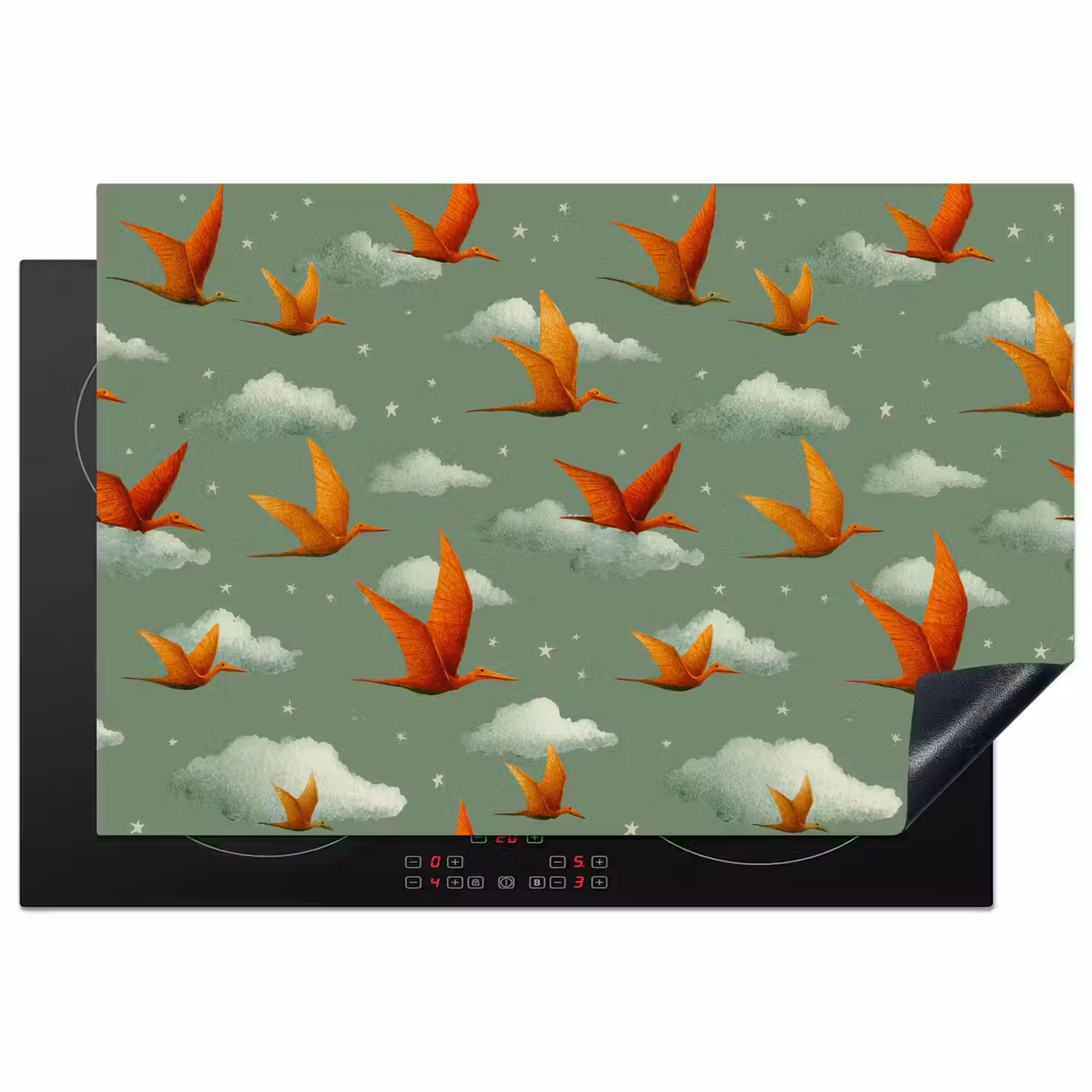 Dinosaurussen - Wolken - Sterren - Oranje Inductie beschermer vinyl 3mm klein -3d
