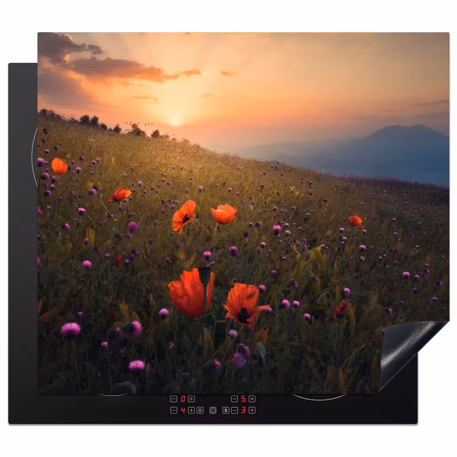 Bloemenveld - Gras - Bloemen - Planten - Zonsondergang - Oranje Inductie beschermer vinyl 3mm middel -3d