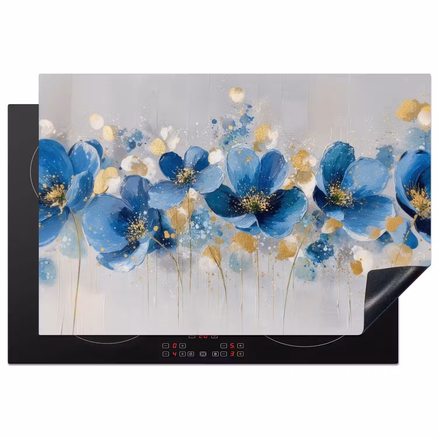 Bloemen - Blauw - Abstract Inductie beschermer vinyl 3mm klein -3d