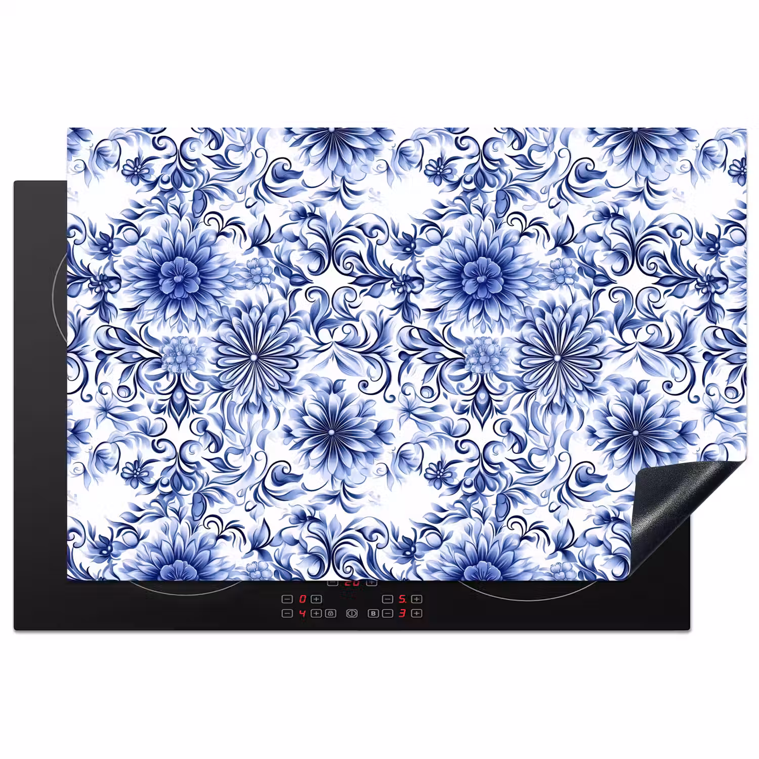 Bloemen - Blauw - Patroon - Wit Inductie beschermer vinyl 3mm klein 276 -3d