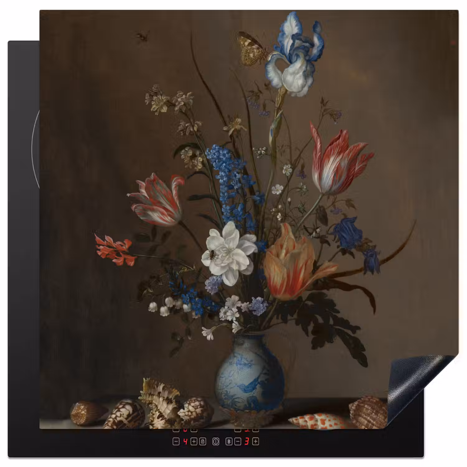 Bloemen in een Wan-Li vaas en schelpen - Schilderij van Balthasar van der Ast Inductie beschermer vinyl 3mm middel -3d