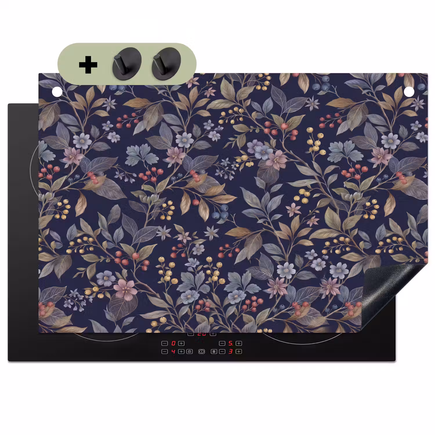 Bloemen - Bladeren - Patroon - Botanisch - Donkerblauw Inductie beschemer met haakjes klein -3d